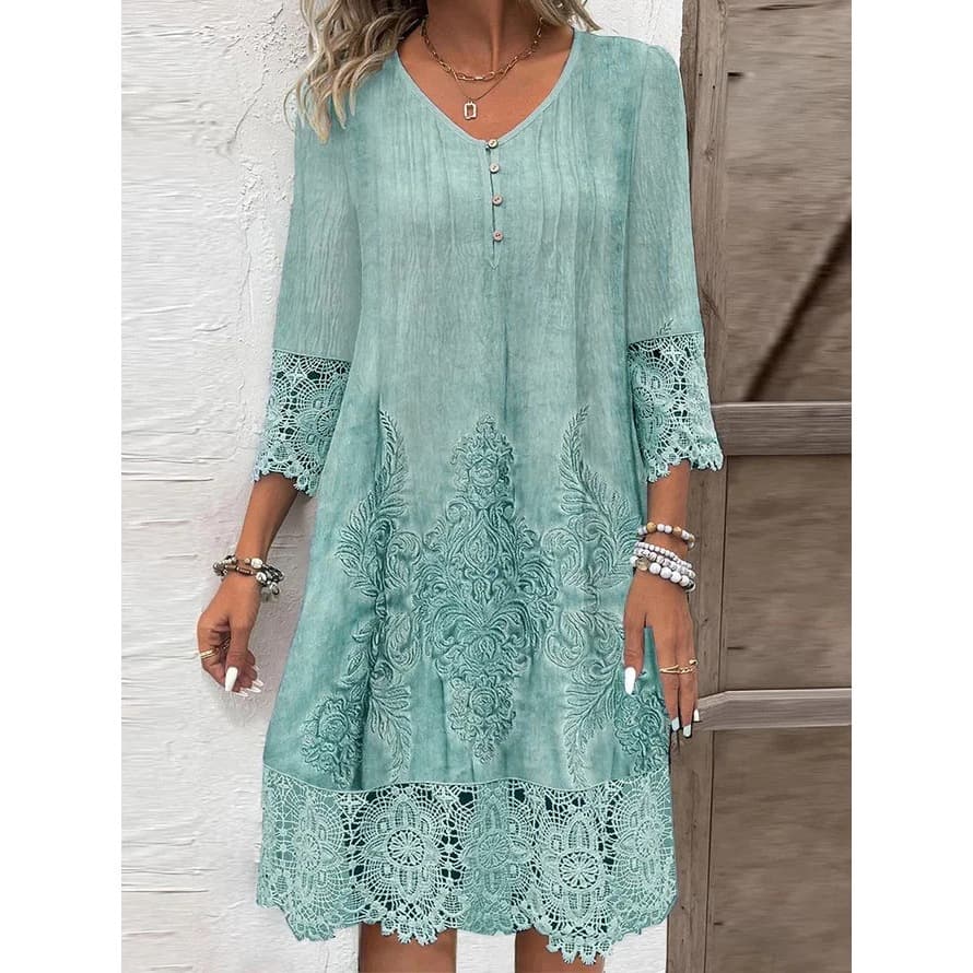 Primavera Outono Moda Com Decote Em v Renda Impressão Vestido Feminino