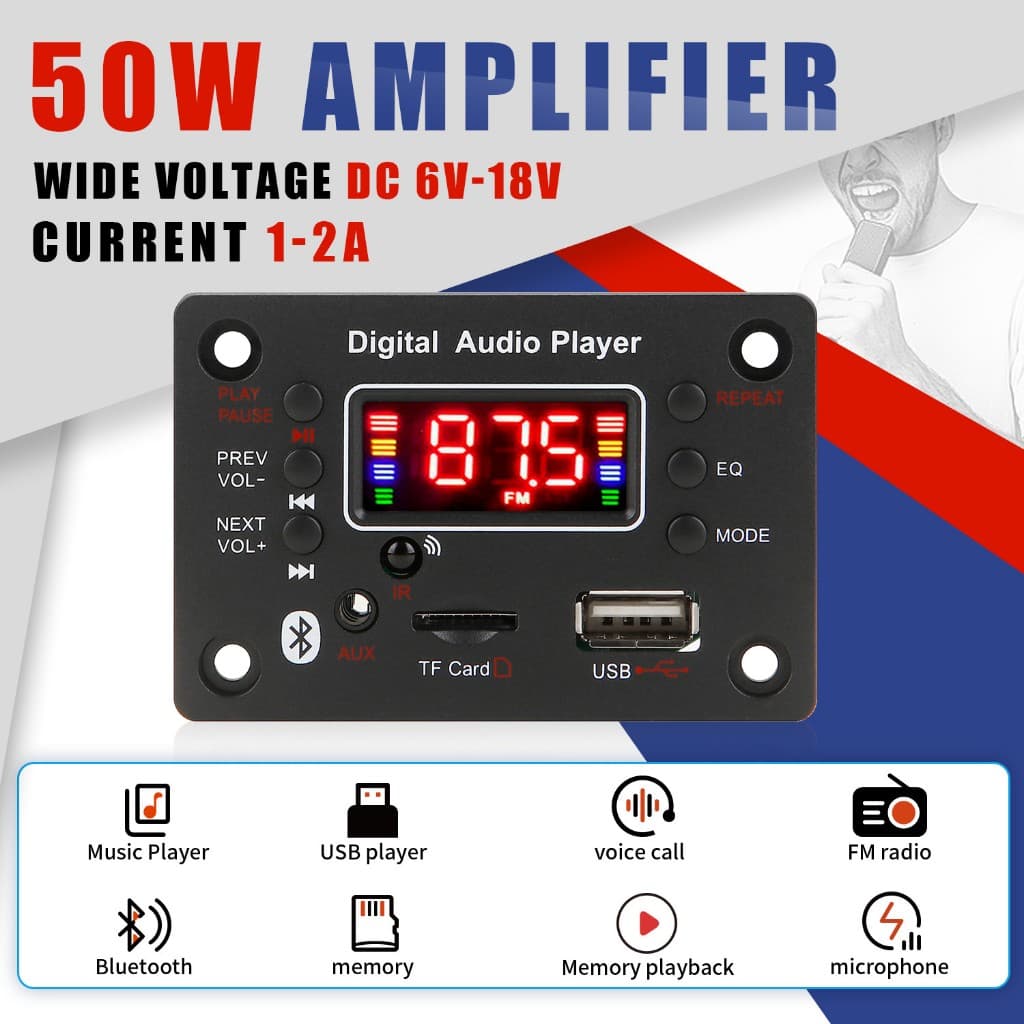 50w amplificador de som bluetooth receiver audio   12V Leitor De MP3 Para Carro USB FM Gravação De som amplificador