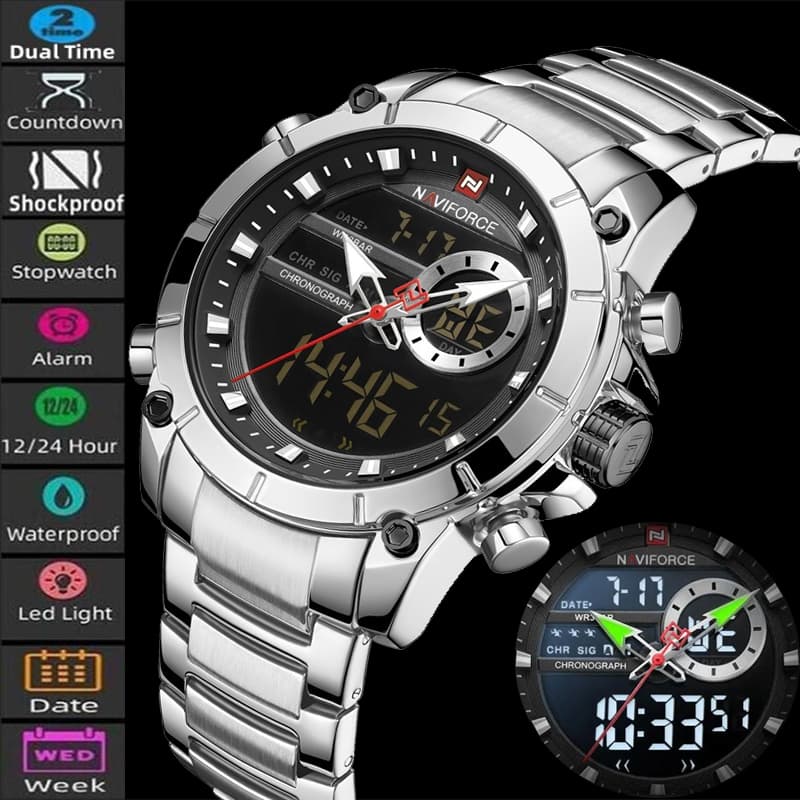 Naviforce Moda Esporte Chronograph Quartz Men Watch Strap Aço À Prova D 'Água Dupla Afixação Relógio Masculino