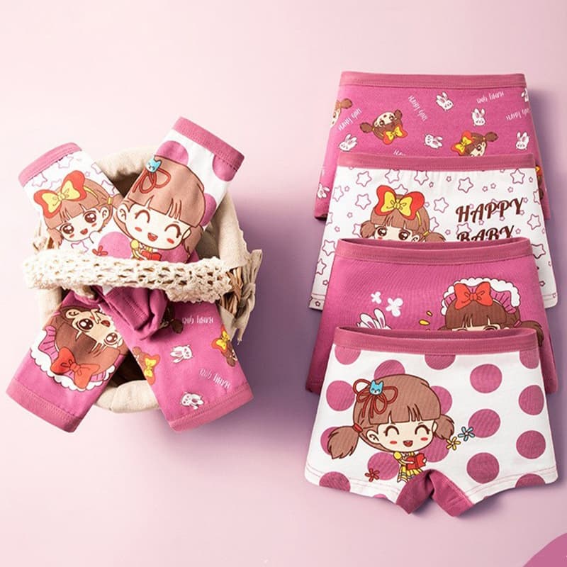 4 Pc Cotton Panties Girls Boxer Briefs Cute Cartoon Character Children Underwear Antibacterial Breathable Underwear