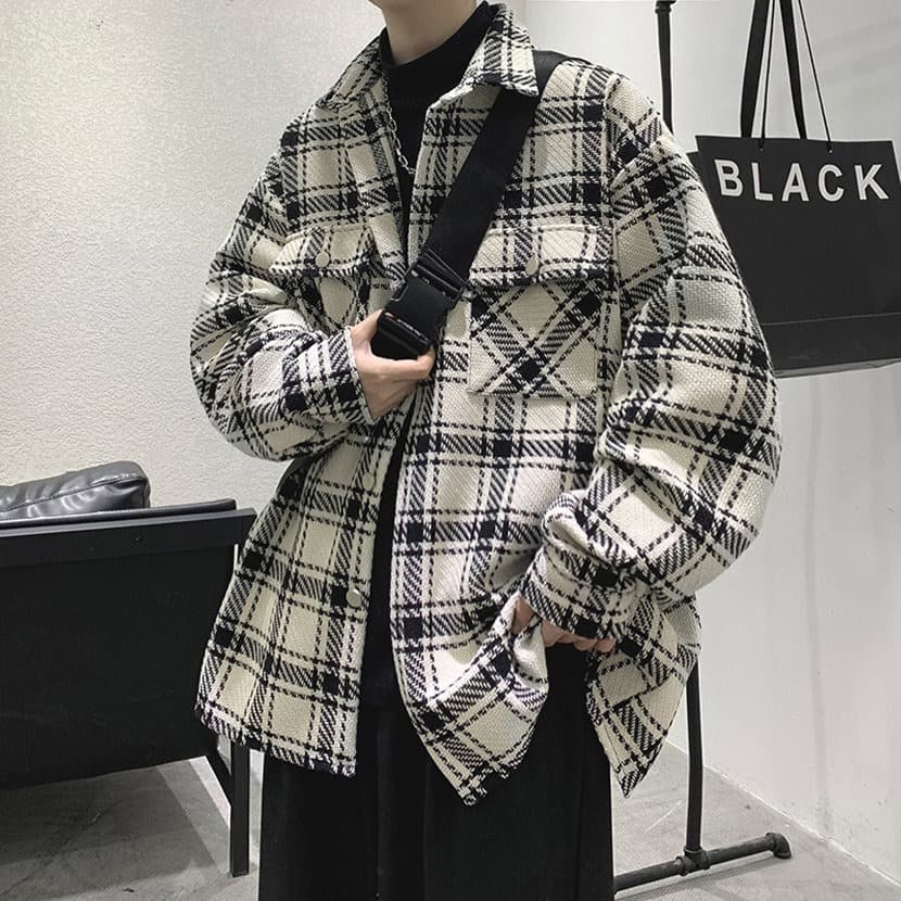 Casaco Cargo de lã xadrez estilo maduro leve masculino branco preto M-3XL All-Match rufião bonito versão coreana adolesc