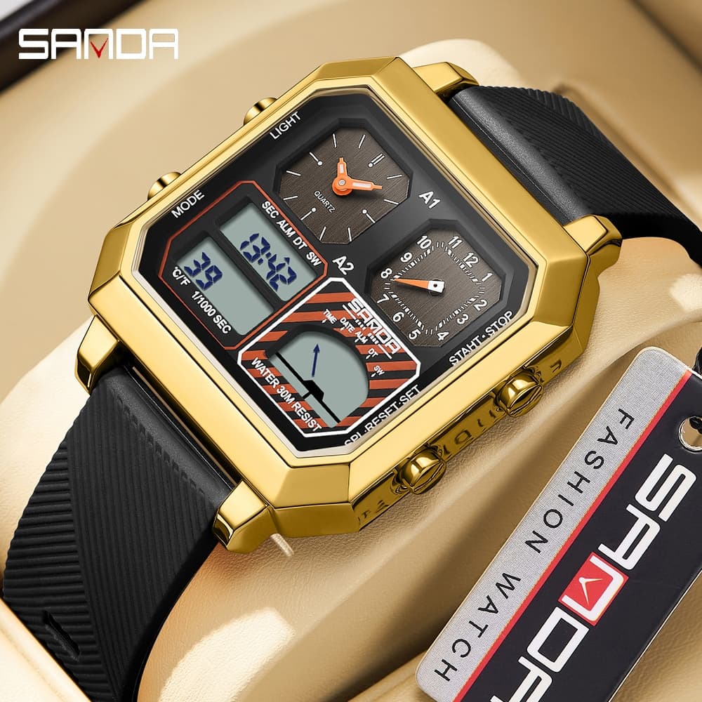 SANDA 6210 Moda Lazer Dual Display Homem Cronômetro Digital À Prova D'água Data Despertador Liga De Zinco Caso Pulseira