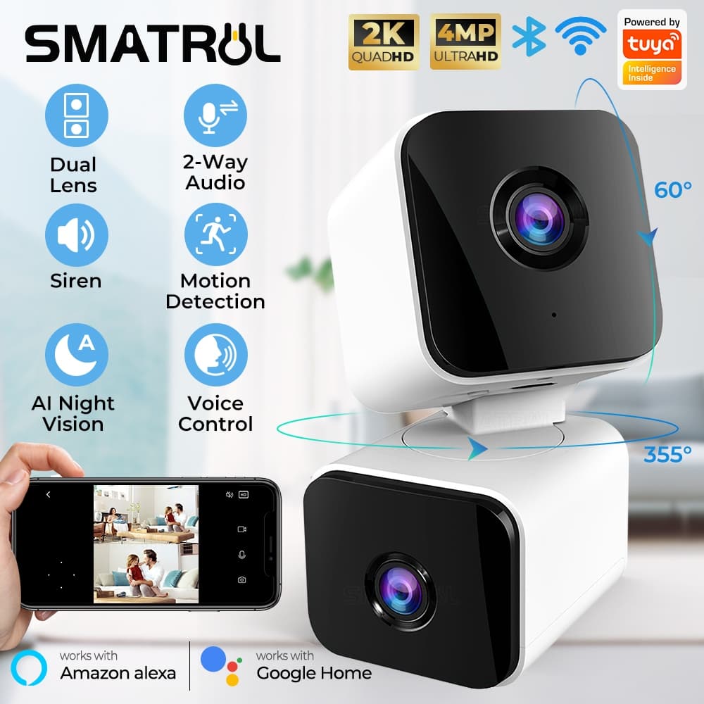 SMATRUL Tuya Smart WiFi 2K 4MP Câmera Dupla Vigilância Doméstica Rastreamento Automático De Lente Interna Segurança Moni