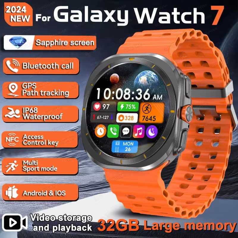 Novo Galaxy DT Relógio 7 Ultra Pulseira Inteligente Masculino 32GB Memória GPS Trackr NFC HD Tela Safira Bluetooth Chama