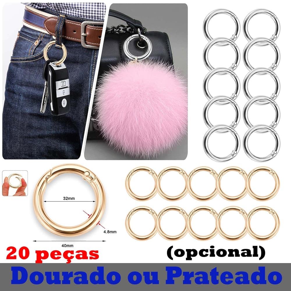 Kit 20 Mosquetão Aro Articulado 4cm Ext . Ouro/Prata