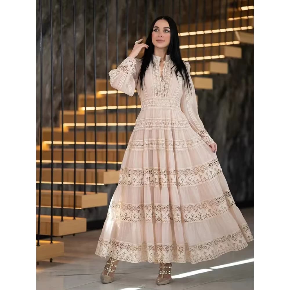 Verão Outono Férias Manga Longa Midi Bordado Branco Vestido De Baile Feminino Retalhos Renda Uma Linha Oco Para Fora Ves