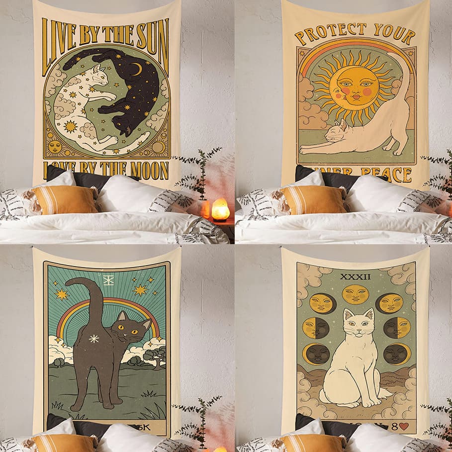Sol e Lua Gato Tarot Panos de pano de fundo do quarto Decoração da parede Tapeçaria de gato retro