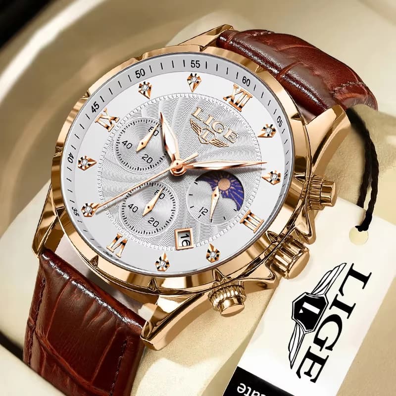 LIGE Original Men Watch Moda Pulseira De Couro Cronógrafo Esportes Relógio De Pulso Luminoso À Prova D'água + Caixa