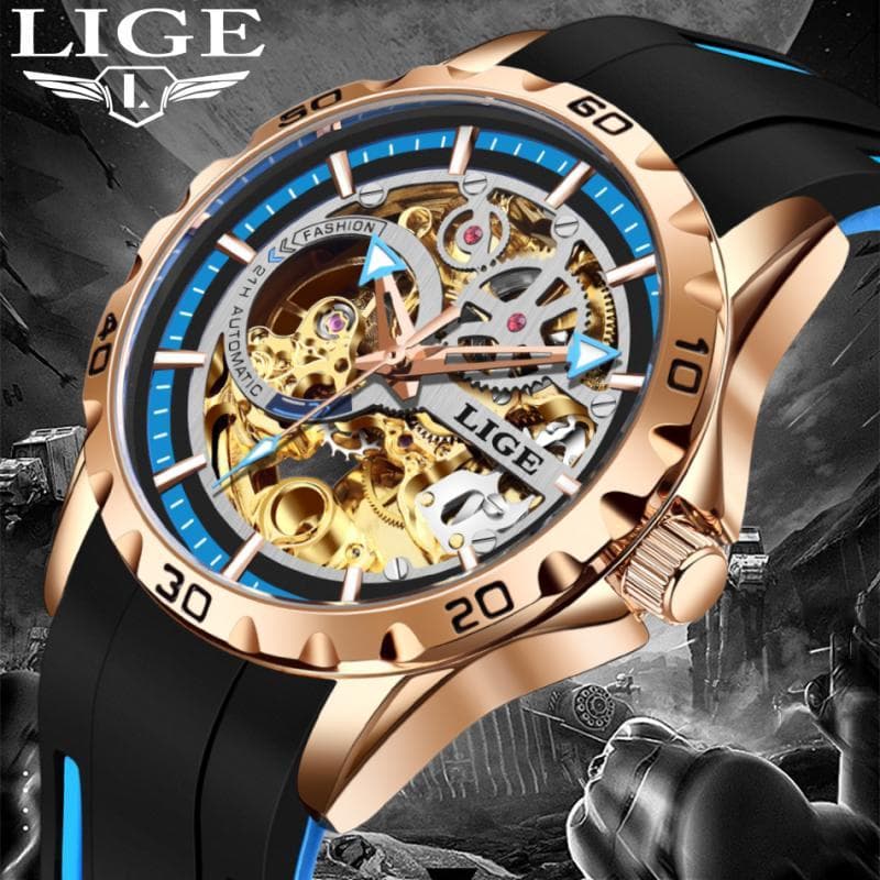 LIGE Design Relógio Masculino Luxo Moda Oco Dial Mecânico Relógios Automáticos Silicone À Prova Dwaterproof Água De Puls