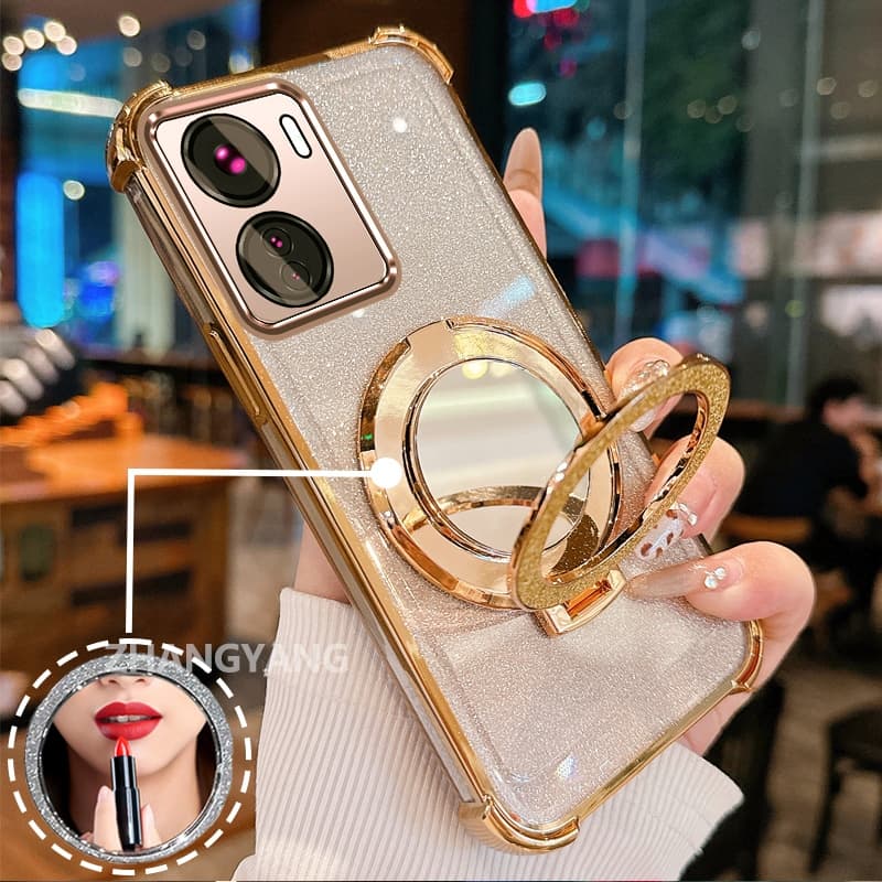 Capa Para Redmi 13C Quatro Cantos anti-Queda Galvanizado glitter De Telefone Com Recursos Estéticos E Suporte De Espelho