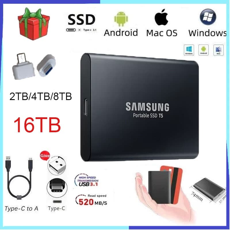 SAMSUNG Unidade Externa SSD T5 Disco Rígido Externo 2TB 4TB 8TB 16TB HD USB 3.1 Adaptador Móvel Presente
