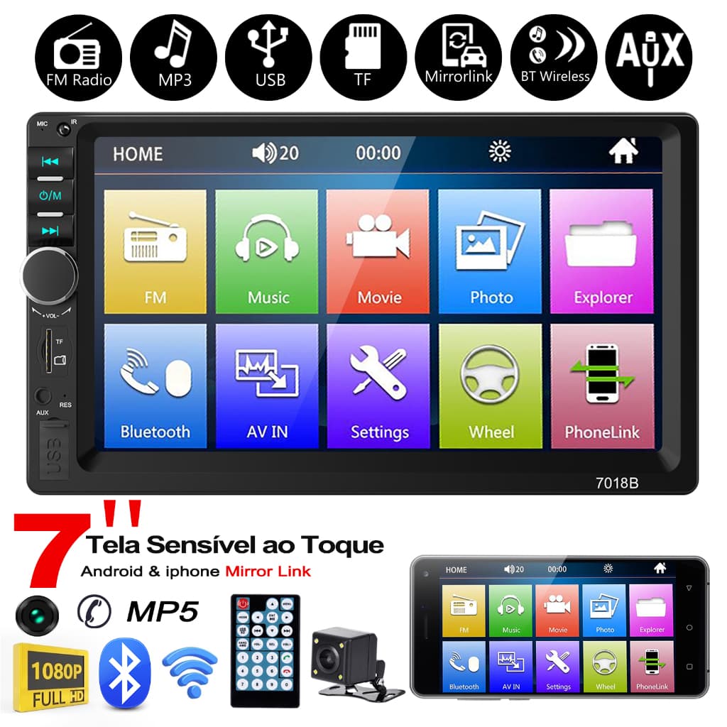 ESSGOO 1 DIN 2 DIN MP5 Rádio Estéreo para Carro Bluetooth Player FM/USB/TF/mirror link