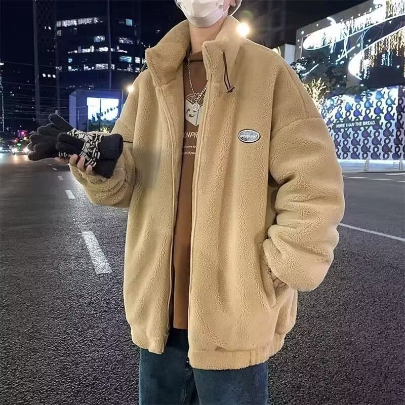 Outono inverno Street Wear cordeiro velo casaco masculino de três cores M-3XL na moda bordado gola alta jaqueta na moda