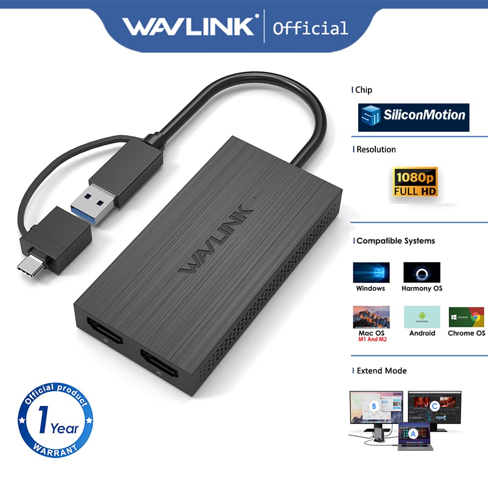 Adaptador WAVLINK USB 3.0 Para HDMI Duplo Saída De Exibição 2K USB3.0 Tipo C Suporta Windows MacOS m1 m2 m3 Chrome Andro
