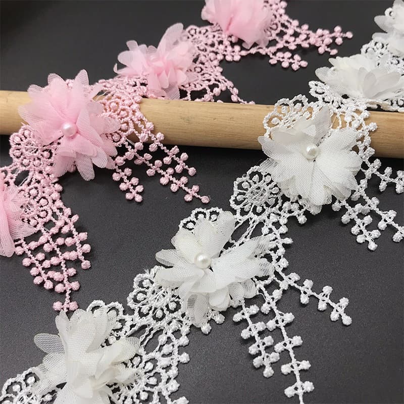 1 Jarda Chiffon Rosa Tecido De Renda Flor Pérola Contas Decoração De Casamento Fita Artesanato Faça Você Mesmo 8.5 Cm De