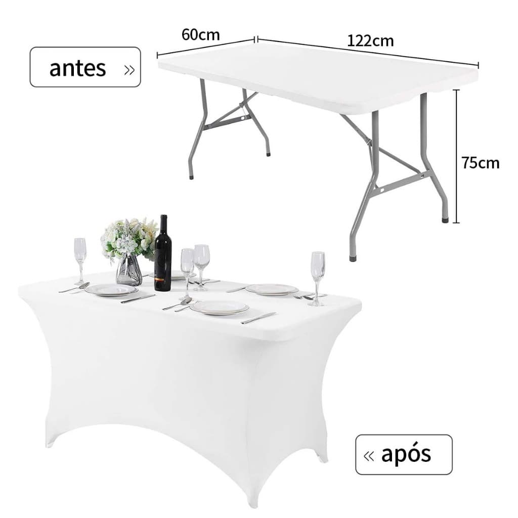 Capa de mesa em elastano para mesa dobrável retangular (ajustável), branca