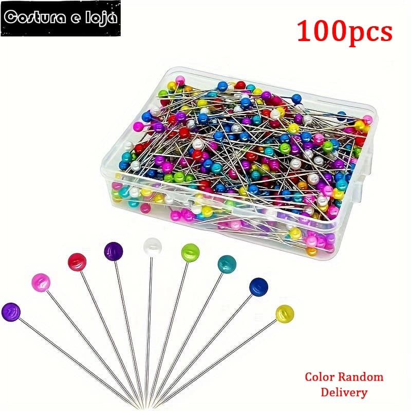 100 Alfinetes Cabeça Vidro Inox Fino Patchwork Alinhavar