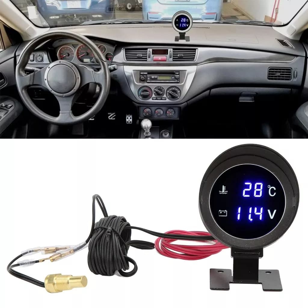 Medidor De Temperatura Água De Caminhão Digital LCD Redondo Sensor Moto + Voltímetro Voltagem 2 Em 1