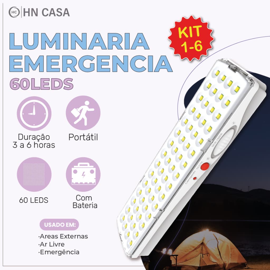 Luminária Emergência Lâmpada 60 Leds Recarregável Bivolt Luz Branca (Branco Frio 6,500K)