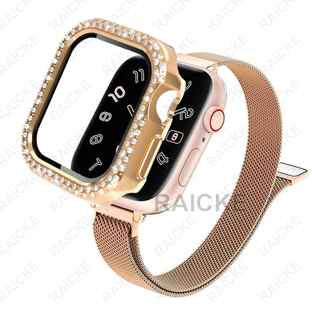 Slim Milanese Strap Band + Diamond Case para iWatch Series 11/10/9/8/7/6/5/4/3/SE Ultra 2 49mm 46mm 44 45 49 41 42 40 38