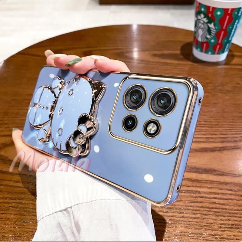 Capa Para Motorola Edge 50 Neo/Com KT Gato Espelho De Maquiagem Suporte Dobrável Traseira De Telefone Macio