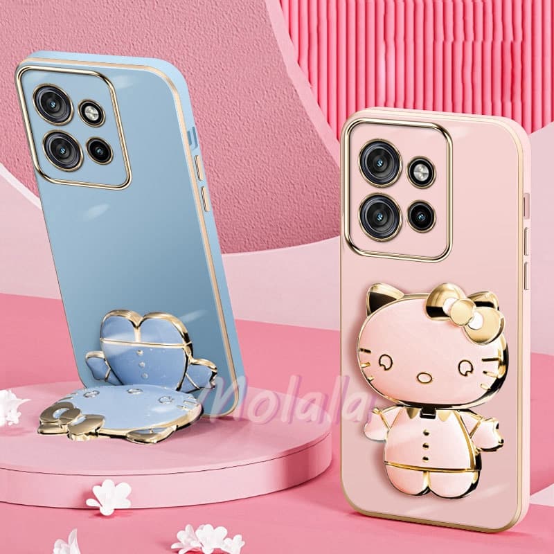 Capa Para Motorola Moto G75 G56 G86 G14 5G Com KT Gato Espelho De Maquiagem Suporte Macia Do Telefone