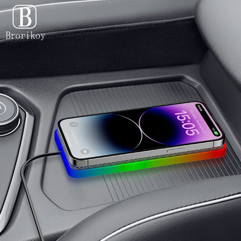 Carregador Sem Fio Para Carro , 15W , Almofada De Carregamento Rápido , Suporte Antiderrapante Com Luz Atmosférica LED T
