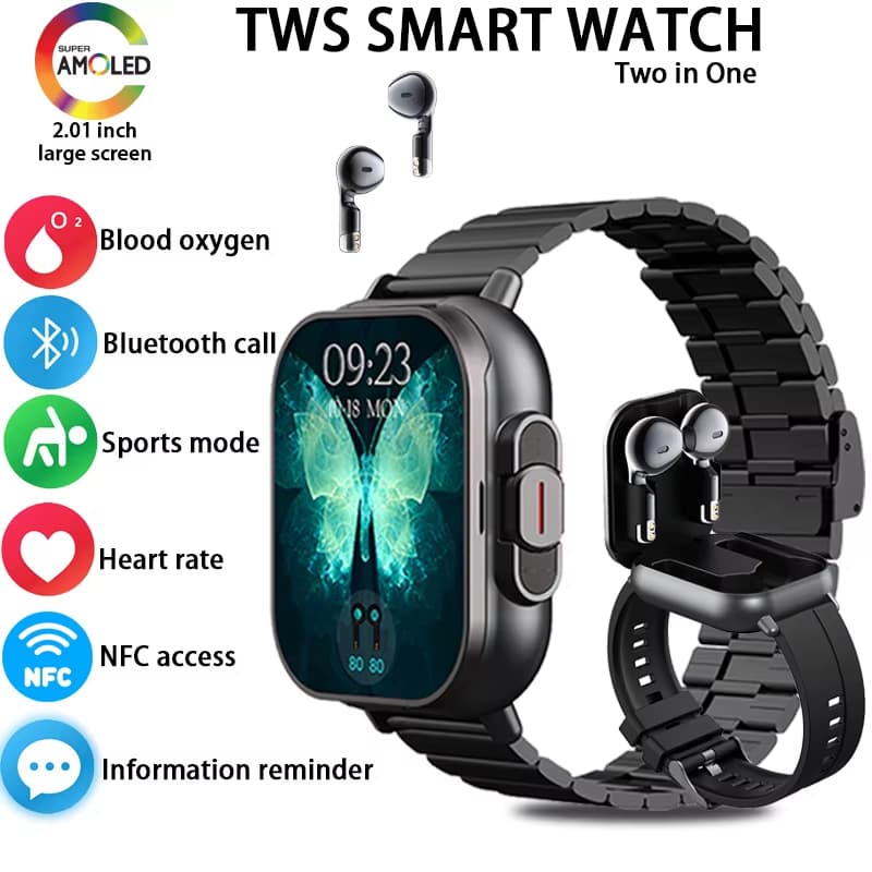 Novo Relógio Inteligente Masculino 2 Em 1 Com Fones De Ouvido Freqüência Cardíaca GPS Pista TWS Bluetooth Fone Monitor J