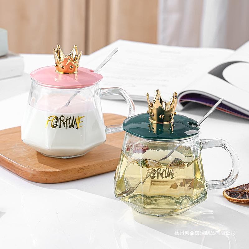 Caneca Coroa Com Tampa De Colher , Copo De Água De Vidro Resistente Ao Calor Para Meninas Leite Doméstico , Xícara De Ca