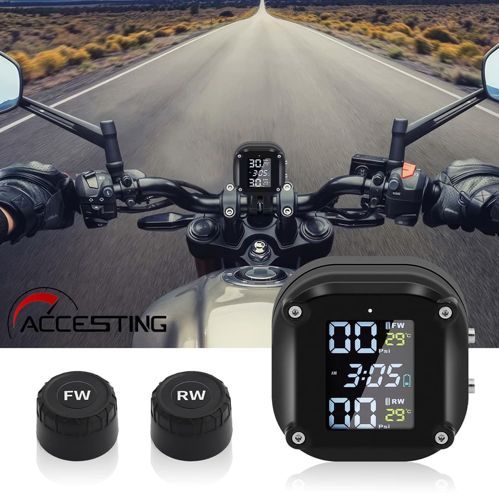 Sistema de monitoramento de pressão dos pneus de motocicleta TPMS, display LCD à prova d'água, carregamento USB