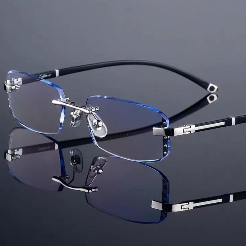 Moda novo estilo sem moldura corte borda diamante óculos Anti-azuis que mudam de cor