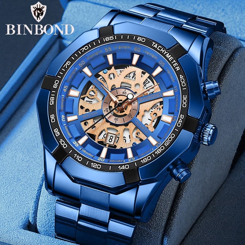 2024 BINBOND S033 Relógio Masculino Azul Oco Não Mecânico À Prova D'água
