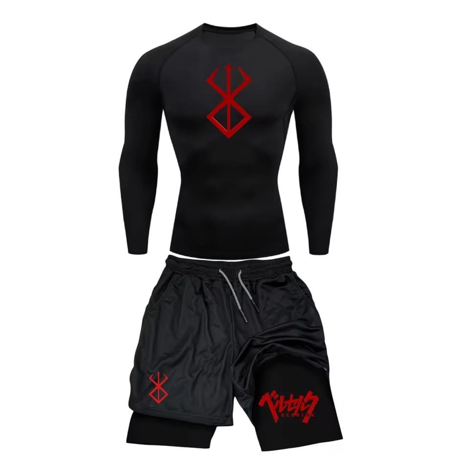Anime Berserk Guts meia-calça masculina de manga comprida + 2 em 1 Shorts terno Fitness topo + Shorts de exercício terno