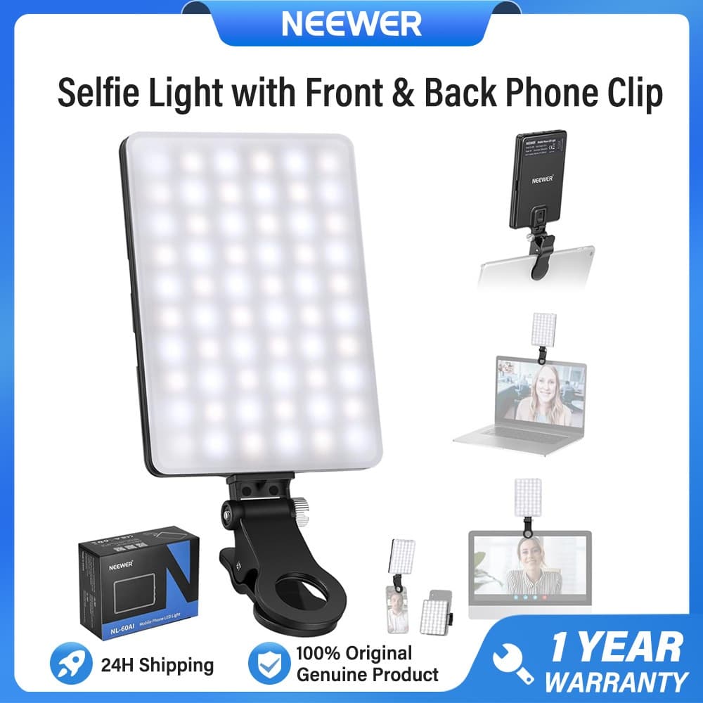 NEEWER Luz Básica Para Selfie NL-60AI Com Clipe Telefone Frontal E Traseiro , 60 LED 2000mAh Recarregável CRI 95 +