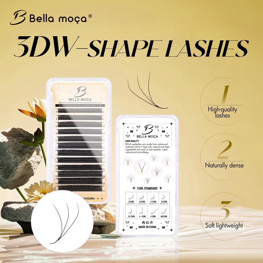 Bella Moça 3D W Extensões De Cílios Em Forma De W 3 Pontas D/L +/LU Curl Individuais