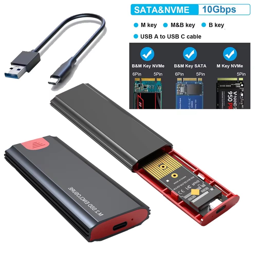 Caixa SSD M2 USB 3.1 10 Gbps, Adaptador de Gabinete NVMe NGFF SATA, USB 3.1 Gen2 Tipo C, Acessórios Externos para PC,