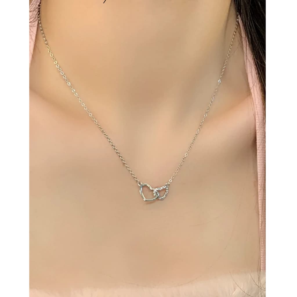 Prata Strass Moda Duplo Coração Colar Feminino Presente Do Dia Dos Namorados