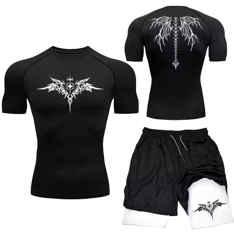 Terno de compressão masculino Y2K impresso roupas esportivas de secagem rápida Shorts de Fitness + camisa 2 peças de sec