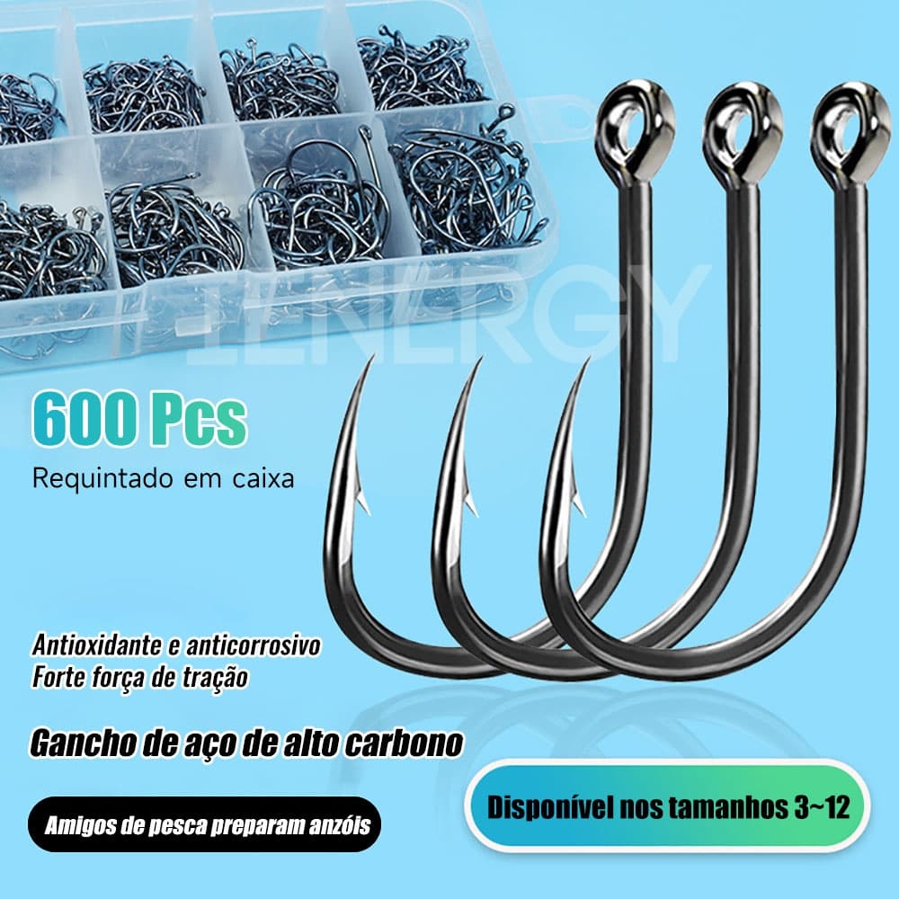 Kit Pesca: 600 Anzóis Chinu nos Tamanhos 3 ao 12 com Estojo de Armazenamento