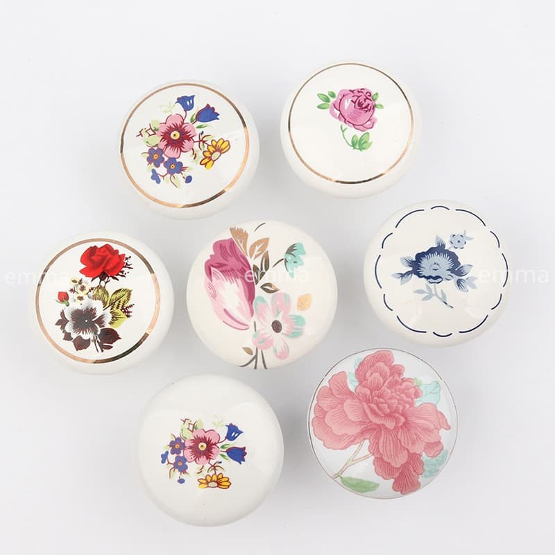 Estilo Pastoral Flor Cerâmica Alças Redondas Móveis TV Armário Gaveta Guarda-Roupa Maçanetas