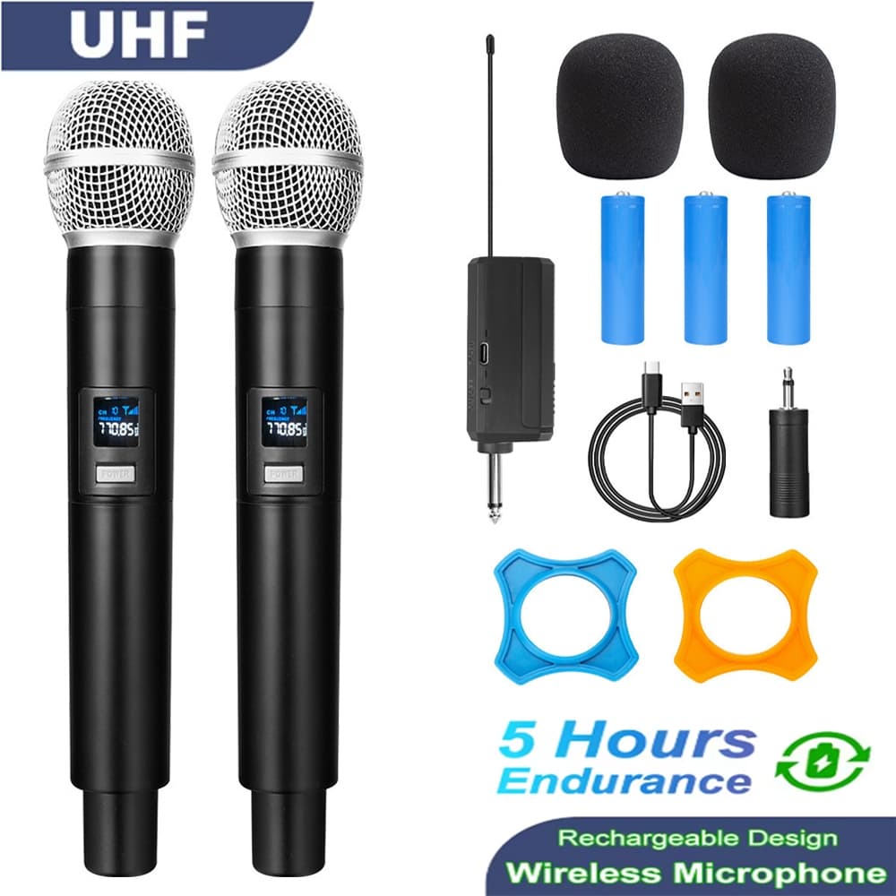 Microfones Sem Fio Duplo Profissional Dinâmico Recarregável Uhf 2 Canais Portátil Microfone Para Karaoke Show Meeting