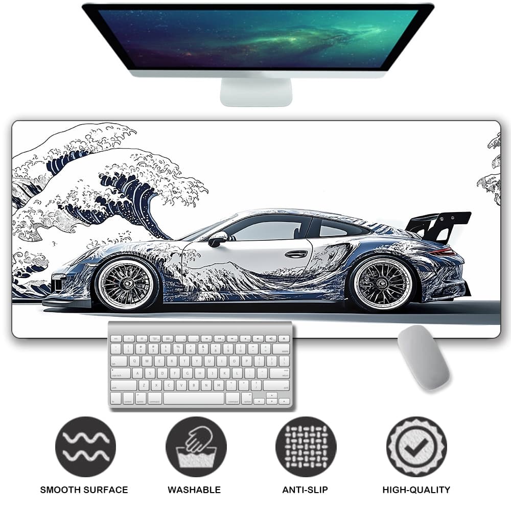 The Wave Racing Car Desk Mat , Ocean Mouse pad night view Estendido Mousepad Grande Gaming Borda Costurada Deskmat