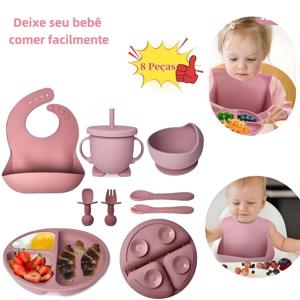 kit 8 Peças Talheres alimentação bebê silicone kit Talheres Infantil Com Ventosa Canudo Colher Babador Garfo