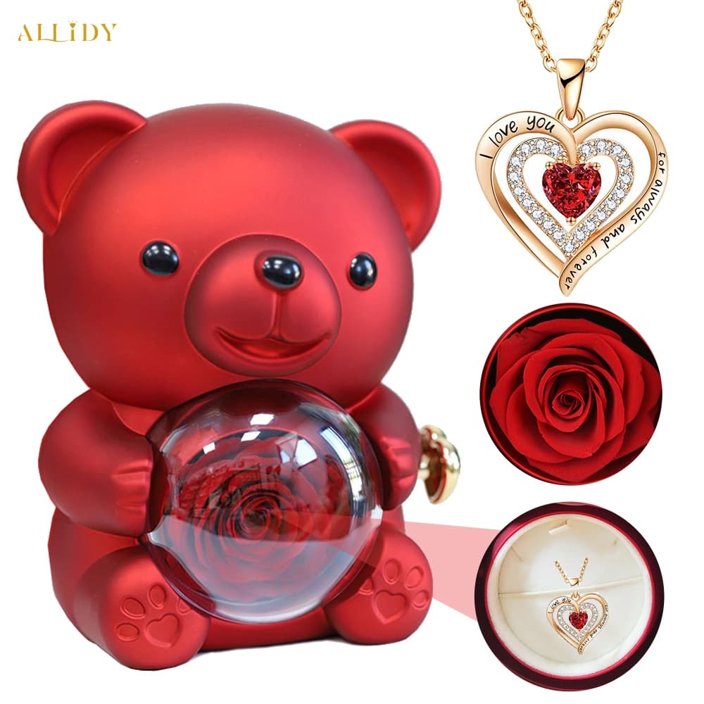Presente Dia das Mães para Mãe Caixa de Joias Urso Rosa Eterna 6 Cores com Pedra Coração de Cristal