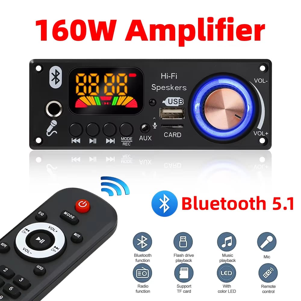 160W Amplificador Bluetooth Decodificador Placa DIY 12V 6.5mm Microfone Rádio FM TF USB Áudio Do Carro Leitor De Música