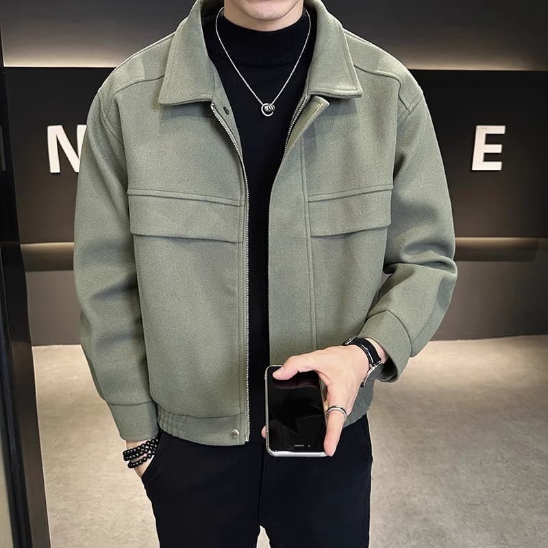 Casaco de lã com zíper masculino Street Wear lapela jaqueta masculina outono inverno curto problema de lã