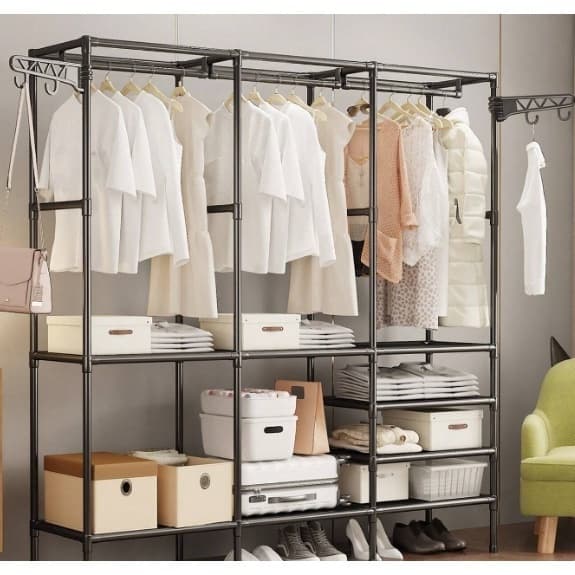 haosin Arara De Roupa Preto Cabideiro De Chão Sapateira  Rack  Organizador Multiuso Aço Inox