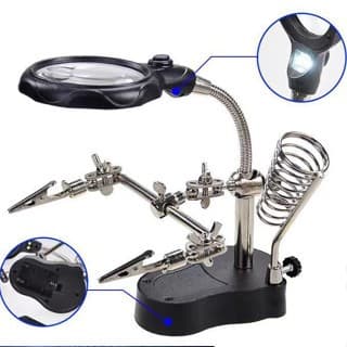 Lupa De Bancada Mesa Aumento 5x Com Suporte 2 Leds Garras De Solda