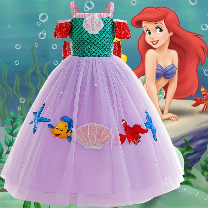 A Pequena Sereia Meninas Vestido Bonito Dos Desenhos Animados Malha De Princesa Trajes De Festa De Aniversário 2-10 Anos