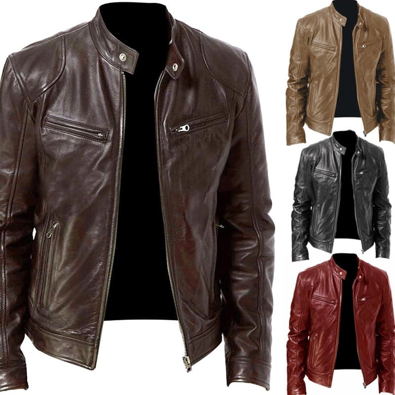 cardigan Com Zíper Quente Decoração De Bolso Gola PU Casaco De Couro Fino